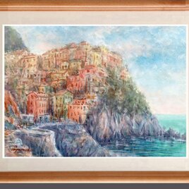 水彩画原画　断崖に立つマナローナの街・イタリア　＃664の画像