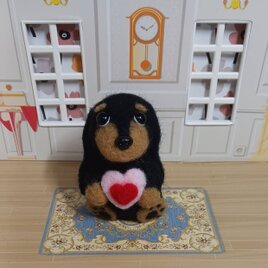 羊毛フェルト　ダブル♡クッション持った 黒ダックスの画像