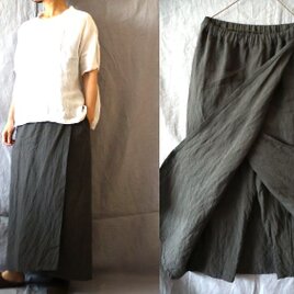 【受注制作】濃チャコールグレー/天日干しリネン　巻きスカートパンツの画像