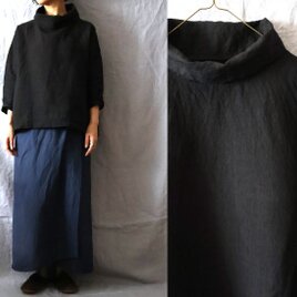 【受注制作】黒/天日干し40リネン　オフタートルゆるり長袖プルの画像