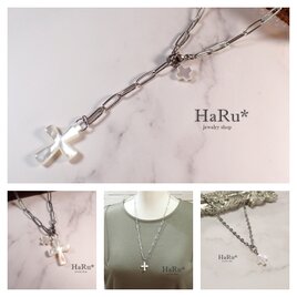 宝石質シェル（クロス／十字架）☆サージカルステンレスネックレス（5WAY）Sの画像