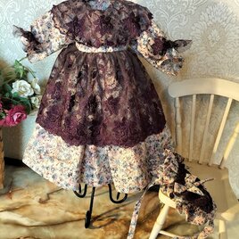 ドール背丈４５～４８ｃｍ用　パープルレース飾りのあるドレスとボネ 　の画像
