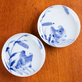 平戸焼 染付鶉文小皿 2客セットの画像