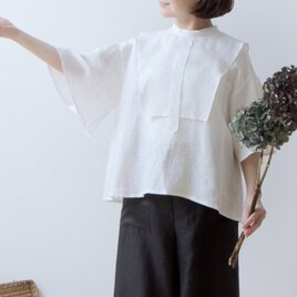 ヨークレイヤーフレアハーフスリーブリネンブラウス/オフホワイトの画像
