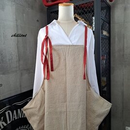 【背中がかわいい】エプロンドレス：リネン×ボルドー【0755】の画像