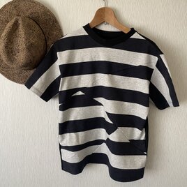 太ボーダーランダム切替え半袖Ｔシャツ　杢グレー×黒Ｍ～Ｌの画像