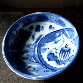 【特価¥9800→¥6600】鮮やかな青で素敵◆とても大きい。伊万里　花文線描き染付十寸大平鉢　骨董・antiques 江戸期の画像