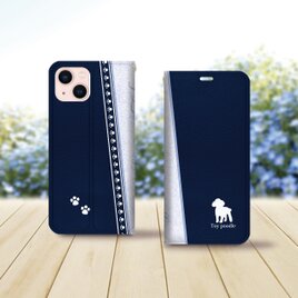 帯なし iPhone 手帳型スマホケース （カメラ穴あり/はめ込みタイプ）【アイラブ・トイプードル（ネイビー）】の画像