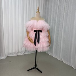 カラードレス ミニドレス ピンク ビスチェタイプ リボン 可愛い 披露宴/結婚式 抜群のおしゃれ見えの画像