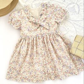 【即納】ボウタイリボン付きワンピース　チューリップ　ピンク　半袖　パフスリーブ　ボタン前開き　可愛い　上品　襟　7Y120130