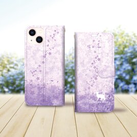 iPhone専用 手帳型スマホケース （カメラ穴あり/はめ込み式/スタンド機能付き）【さくらと白猫（藤色バージョン）】の画像