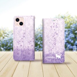 帯なし iPhone 手帳型スマホケース （カメラ穴あり/はめ込みタイプ）【さくらと白猫（藤色バージョン）】の画像