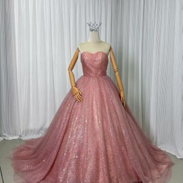 カラードレス ピンク ベアトップ キラキラチュール 編み上げ 可愛い プリンセスライン 花嫁の画像