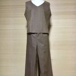 綿横縞柄トップス＆ワイドパンツの画像
