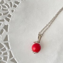 ３月誕生石！【ネックレス】紅珊瑚・丸玉１粒・菊座・シルバー♪