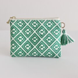 【受注制作】大人のコンパクトポーチ/和モダン/北欧風　こぎん刺し/刺し子/刺繍 ハンドメイド　グリーン×オフホワイト