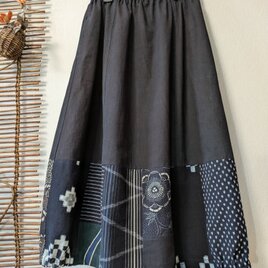 古布リメイク　藍染切り替えバルーンスカート　久留米絣　大人可愛い　時々堂　ゆったりサイズの画像