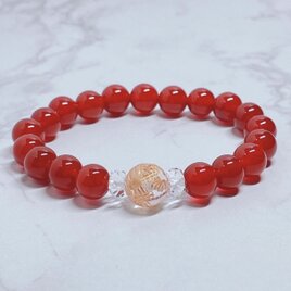 【再販10点以上】還暦祝いに◎健康で豊かな人生へ 金龍水晶 赤メノウ（レッドアゲート） 天然石 ブレスレット No763の画像