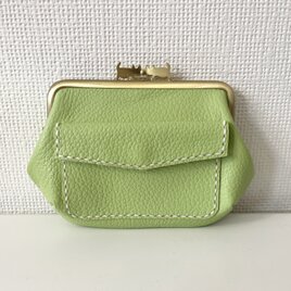 ぱかっと開くとお部屋が3つの親子がまぐち♪外ポッケが付いたダブルにゃんこ口金の四角い本革ミニ財布