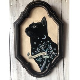 「導きの黒猫」額付 アート作品 原画 徳島洋子作品 アクリル画 猫の画像