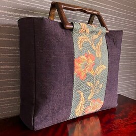 花柄八寸帯と無地紬の剥ぎ手提の画像