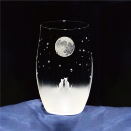 《送料無料》 【一緒にみる満月の夜空／Ｌサイズ】 猫モチーフのタンブラーグラス（vol.1fm-L）★名入れ加工対応品（有料）の画像