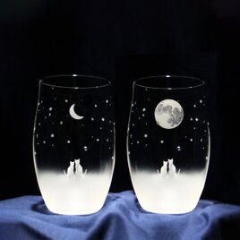 《送料無料》 アトリエキース 一緒にみる【満月＋三日月】の夜空 Lサイズペアセット 猫モチーフグラス ★名入れ加工対応品（有料）の画像