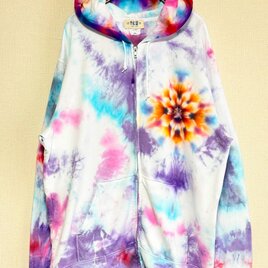 タイダイ染め フーディ ジップアップ パーカー カラフル XXLサイズ 曼荼羅 Hippies Dye最新作 HD24-15の画像