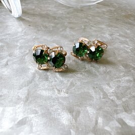 Y1127-ヴィンテージイヤリング 60s Emerald Green Cut Glass Clear Rhinestonesの画像