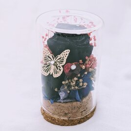 プリザーブドフラワー黒薔薇の魔法シリーズ／黒薔薇と蝶々の赤いハートの魔法／ミニガラスボトルの画像