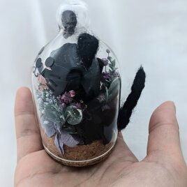 プリザーブドフラワー黒薔薇の魔法シリーズ／黒猫ちゃんガラスドーム/羊毛猫耳と尻尾の画像