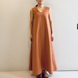 コットンリネンAラインワンピース(テラコッタ)の画像