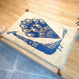 ペルシャ　ギャッベ　玄関マット　ラグ　90x60cm ベージュ　孔雀　RJ13694の画像