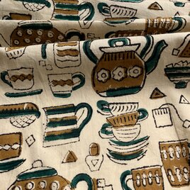 インド ブロックプリント生地 [50cm単位切売] Bagru ティータイムSA ポット カップ キッチン IF0258の画像