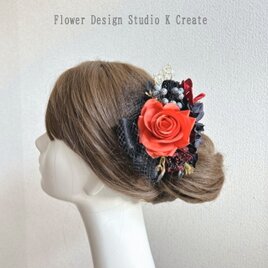 フラメンコ・フローレス・発表会に♡朱赤の薔薇と黒いダリアのヘアクリップ 　ダンス髪飾り　発表会　社交ダンス　チュール　発表会　赤の画像