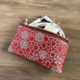【肉球と桜】畳縁　ぺたんこ　小銭入れ　ミニポーチ　カードケース　和風　赤　銀　足あと　犬　猫の画像