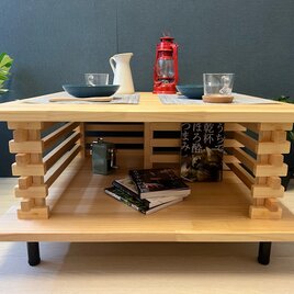 【送料無料】 ローテーブル 和風 木組格子形 80cm角 パイン ナチュラルの画像
