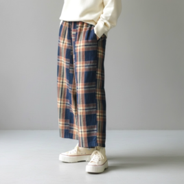 ワイドパンツ【送料込み】古布リメイク　格子　ネイビー