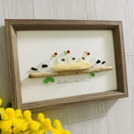 シーグラスアート 海の宝石 シマエナガ 家族  インテリア雑貨 書斎  観葉植物 置物 北欧ガラス細工 贈り物 プレゼントの画像