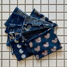 インド ブロックプリント生地 ミニカットクロス10枚セットv.30藍染ファブリック はぎれ インディゴブルー 青 象IF0265