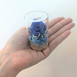 プリザーブドフラワー／青いミニ薔薇と小花のミニガラスボトルの画像