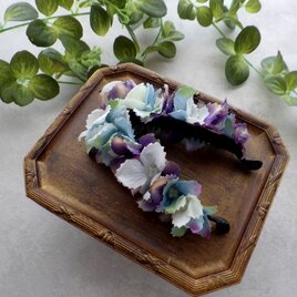 【LAST1】紫陽花のバナナクリップ ■  トリコカラー×ギザギザ花びら ■ ライトブルー×ホワイト×パープルの画像