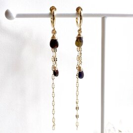 宝石質ブラックオパールのデザインチェーンイヤリング/ピアス