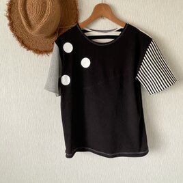 水玉プリント切替ボーダーTシャツ　黒白グレーFの画像