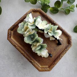 紫陽花のバナナクリップ ■  トリコカラー×ギザギザ花びら ■ ダークグリーン×クリーム×ホワイトの画像