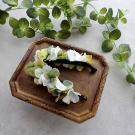 紫陽花のバナナクリップ ■  トリコカラー×ギザギザ花びら ■ ダークグリーン×ライムグリーン×ホワイトの画像