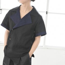 送料無料【完全一点物】半袖ダブルシャツ(ネイビー×ブラック)の画像