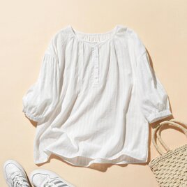 大人可愛い抜け感放つ　7分袖ブラウス　コットン100％ 　ホワイト　250602-1の画像