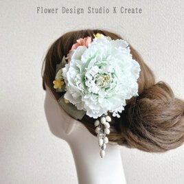 和装・浴衣髪飾りに♡ミントカラーのピオニーとパールタッセルのヘアクリップ　成人式　着物　花　夏　ミント　ミントカラーの画像
