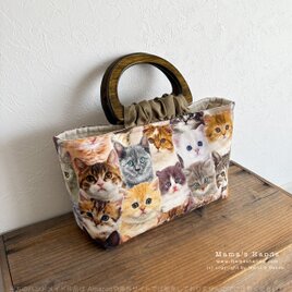 ❤︎ いろんな 猫 が楽しめる♪ オランダ製 木の持ち手 付き 小さめ 手提げ トートバックの画像